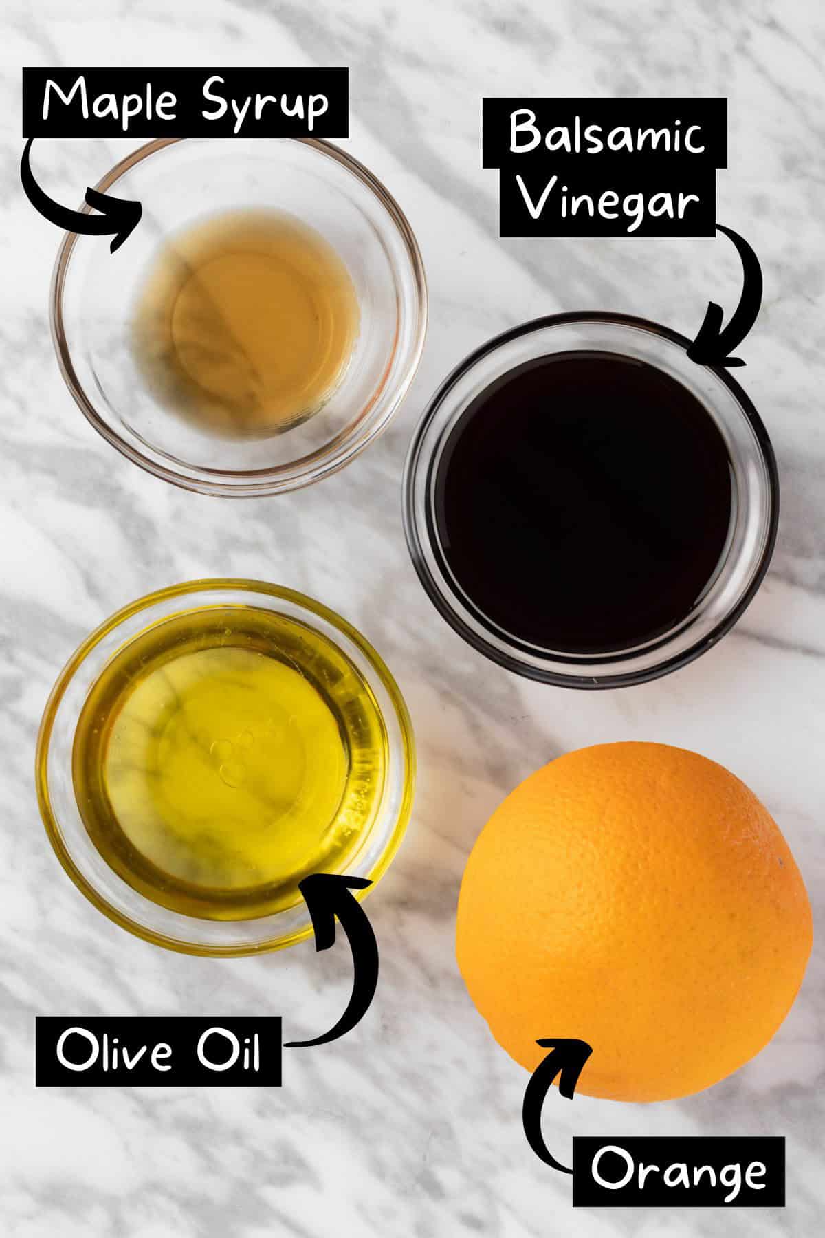 The ingredients needed to make the balsamic citrus vinaigrette.
