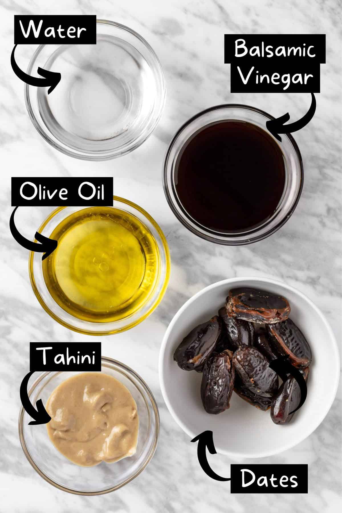 The ingredients needed to make the balsamic date vinaigrette.