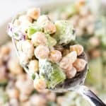 An up close view of a spoonful of Creamy Chickpea Salad.