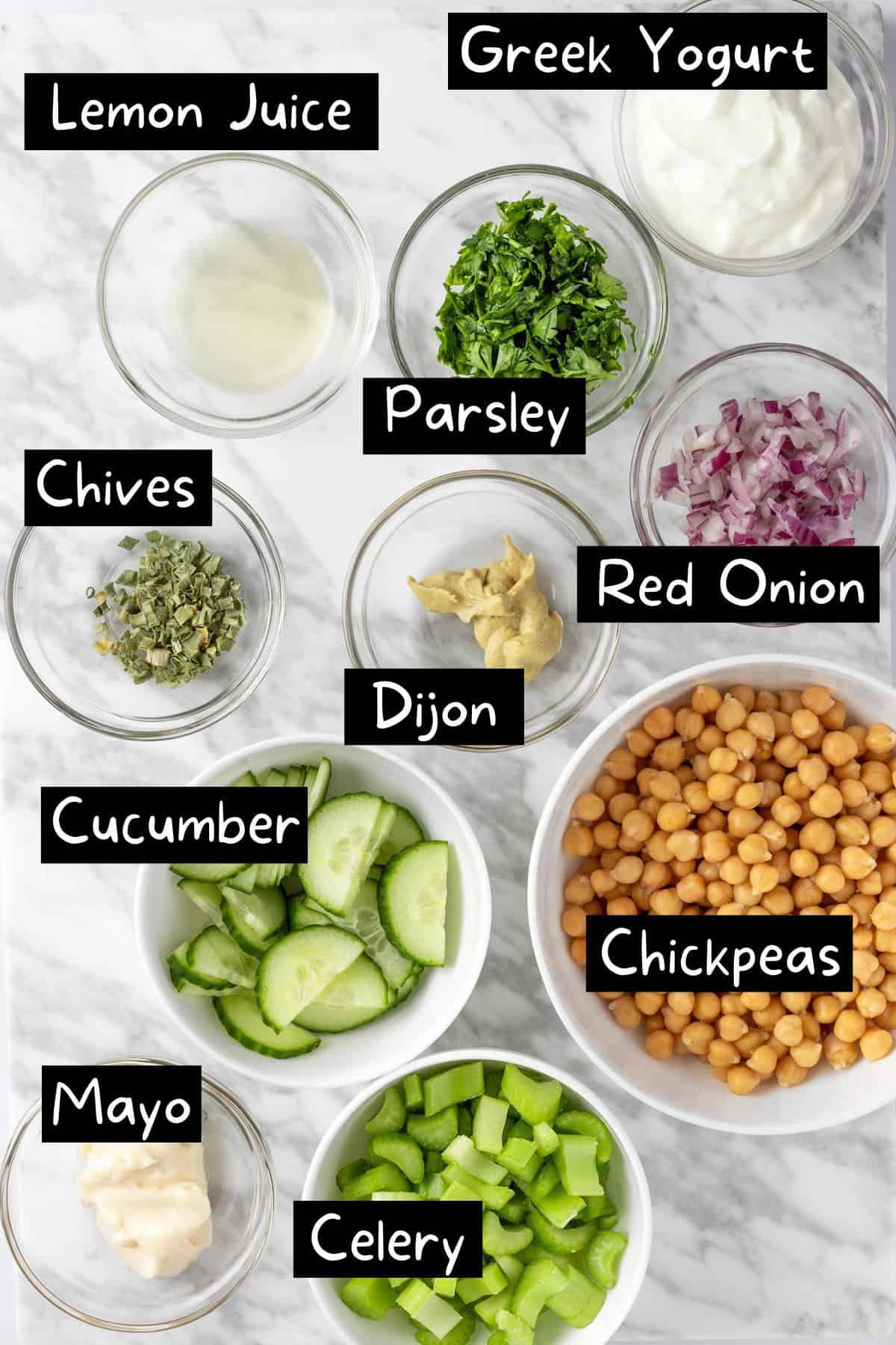 The ingredients needed to make the creamy chickpea salad.