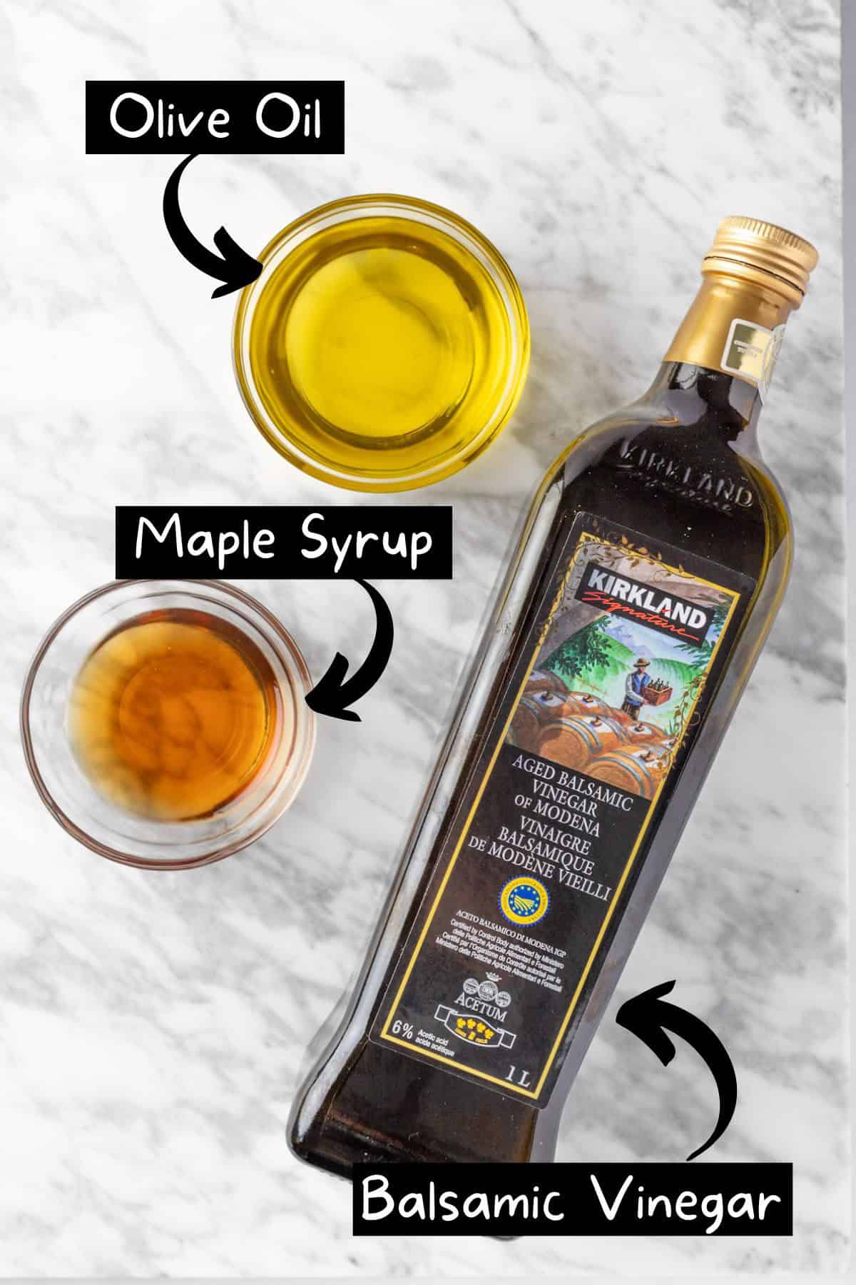 The ingredients needed to make maple balsamic vinaigrette.