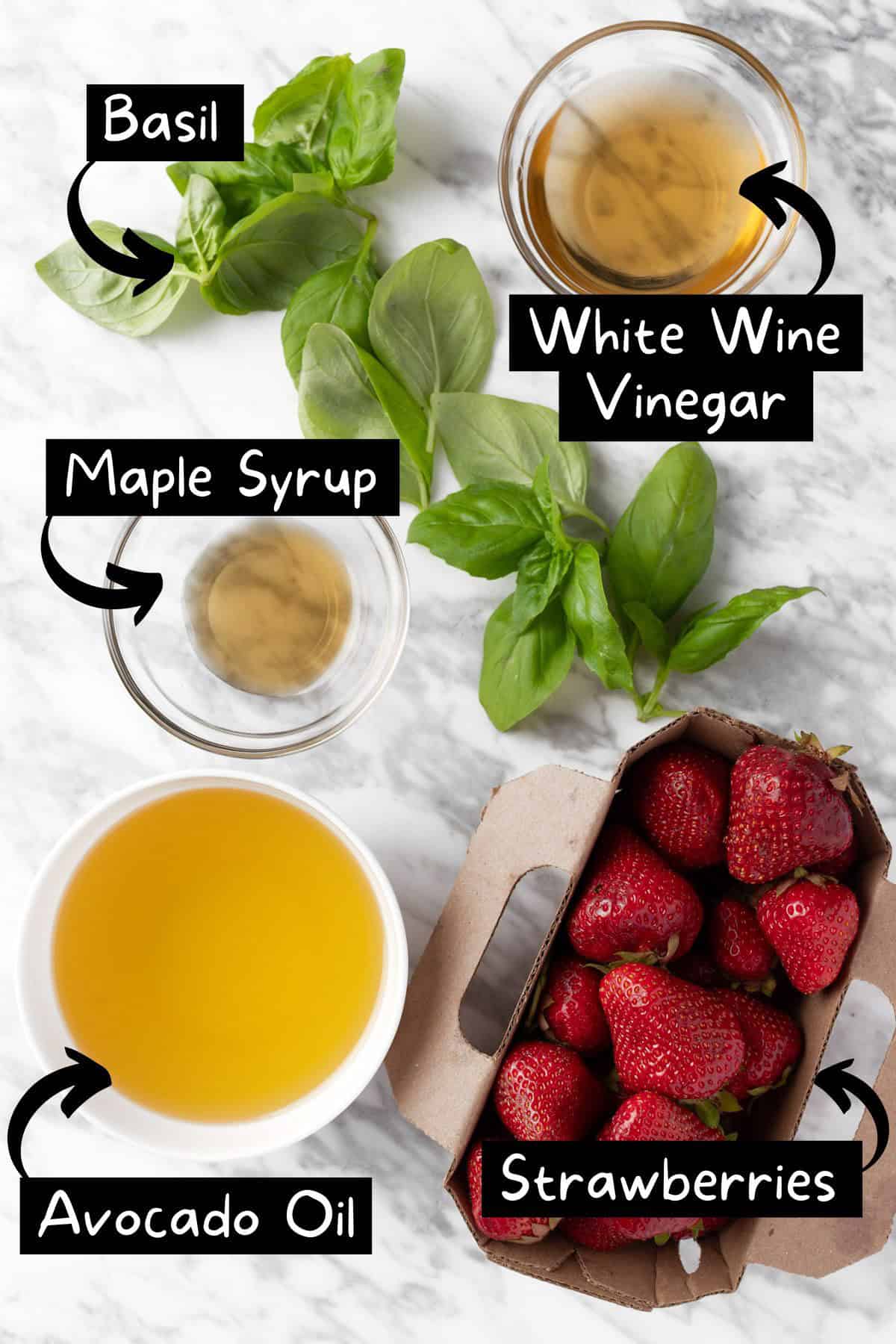 The ingredients needed to make the strawberry vinaigrette.