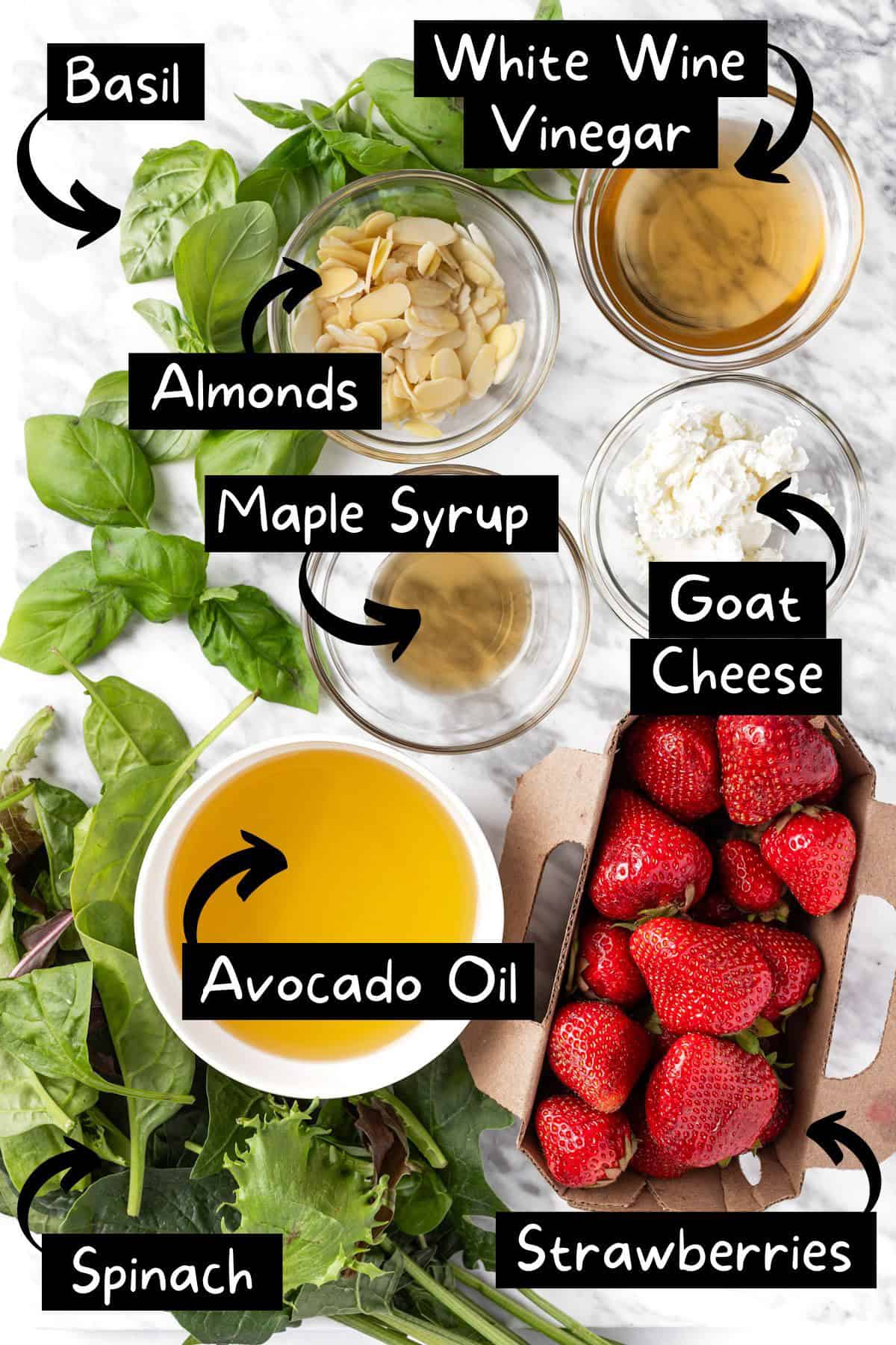 The ingredients needed to make the strawberry spinach almond salad.