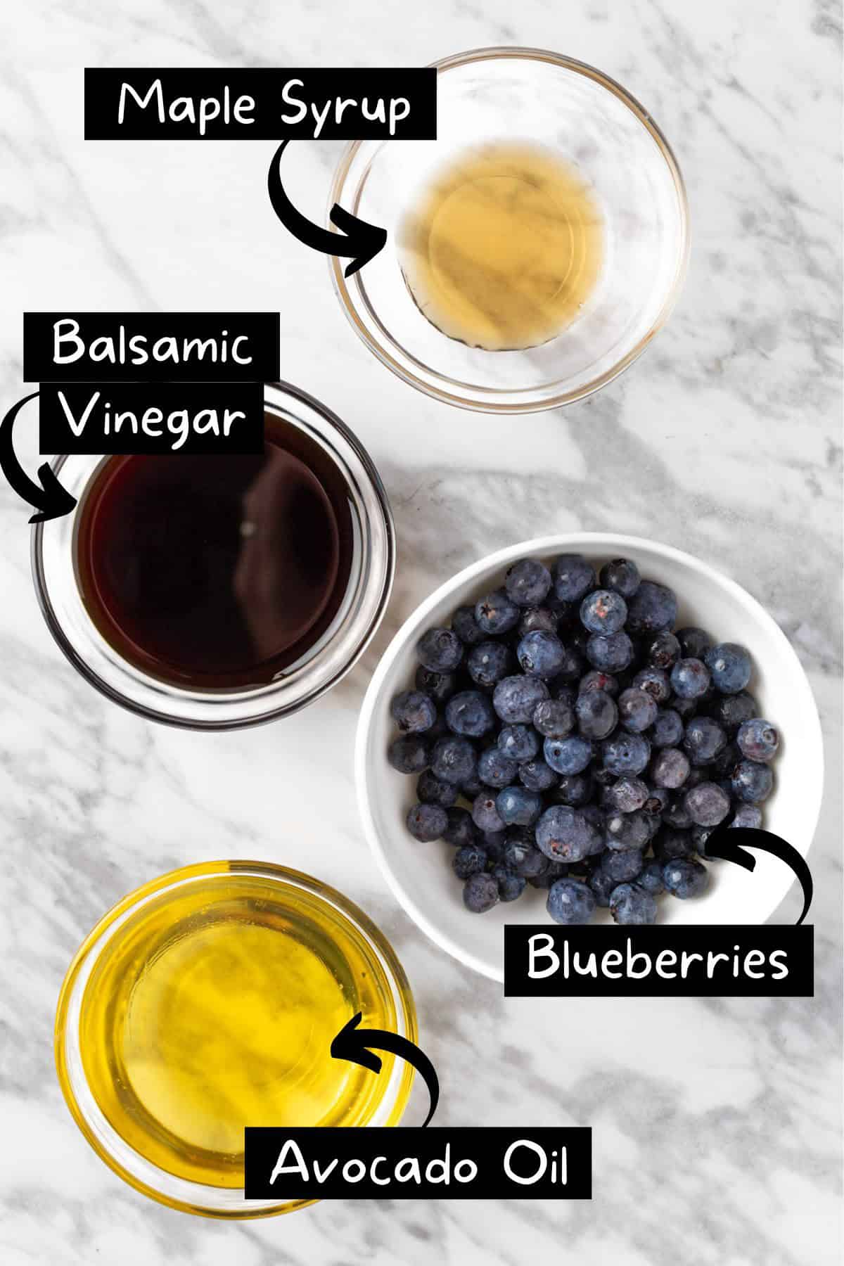 The ingredients needed to make the blueberry dressing.