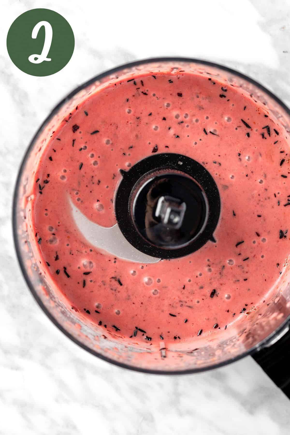 The blueberry dressing blended in a food processor.