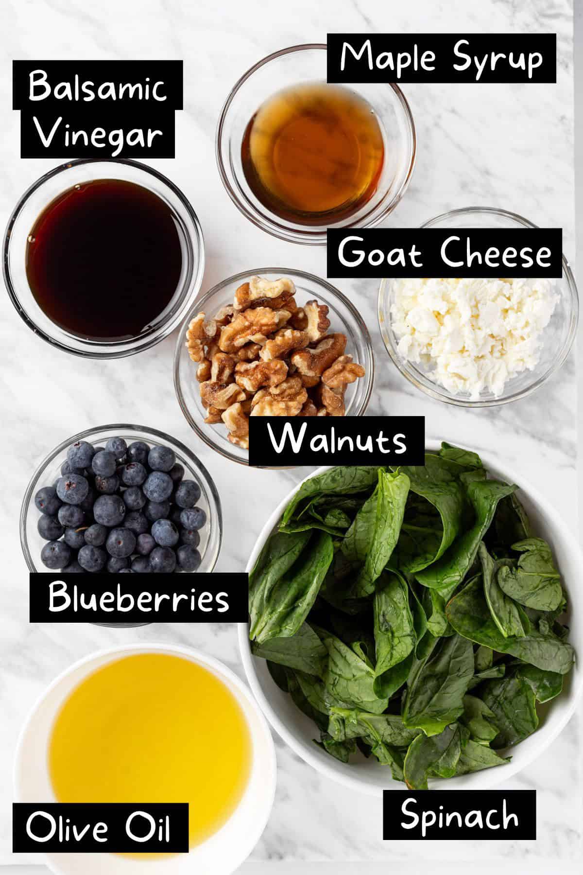 The ingredients needed to make the blueberry salad with goat cheese.