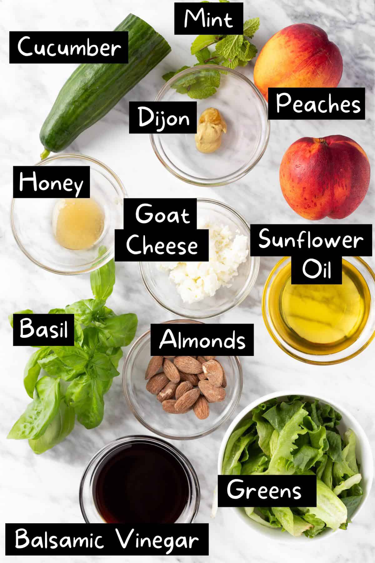 The ingredients needed to make the peach and goat cheese salad.