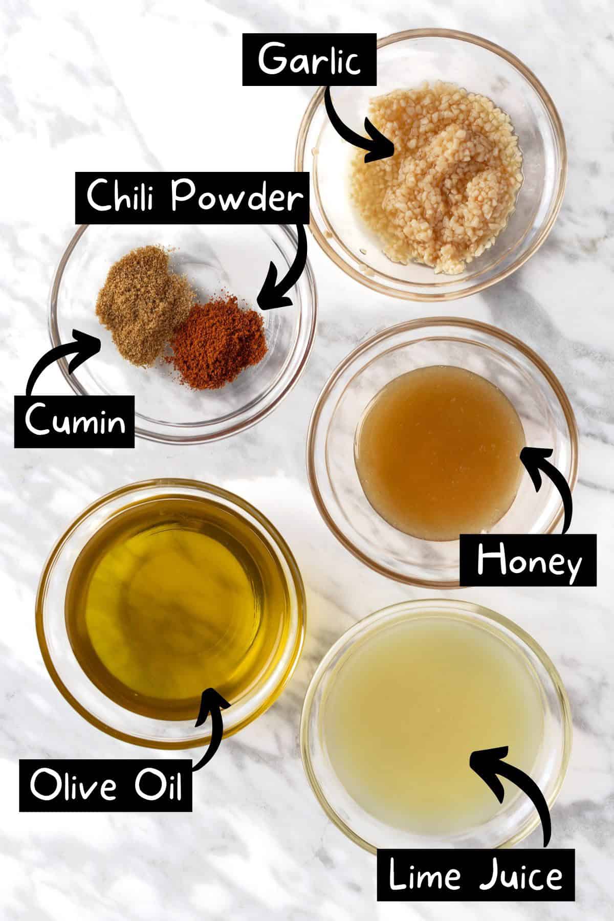 The ingredients needed to make the chili lime vinaigrette.