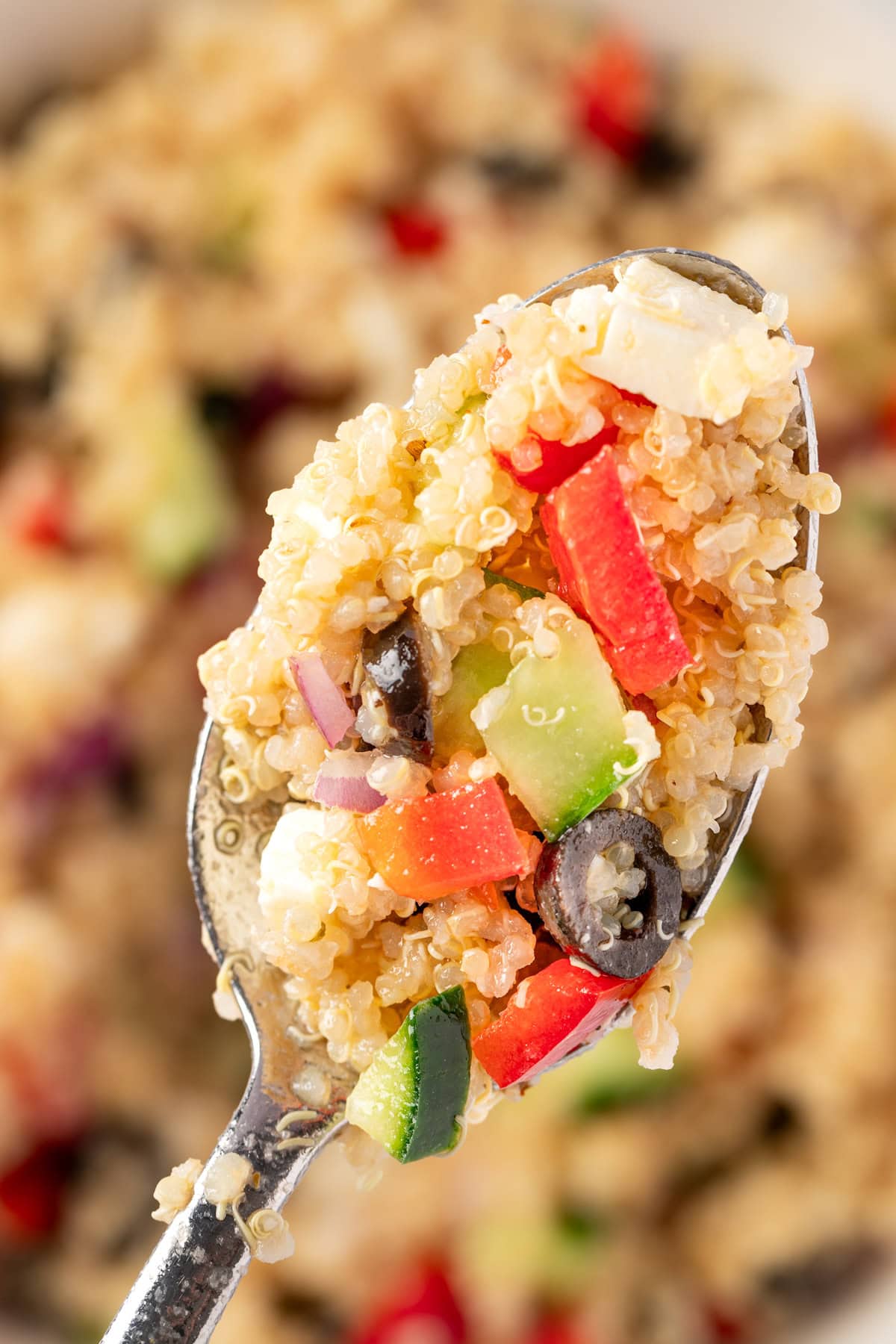 An up close view of a Mediterranean Quinoa Salad.