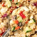 A spoonful of Mediterranean Quinoa Salad made with black olives, cucumber, red bell pepper, feta and red onion.
