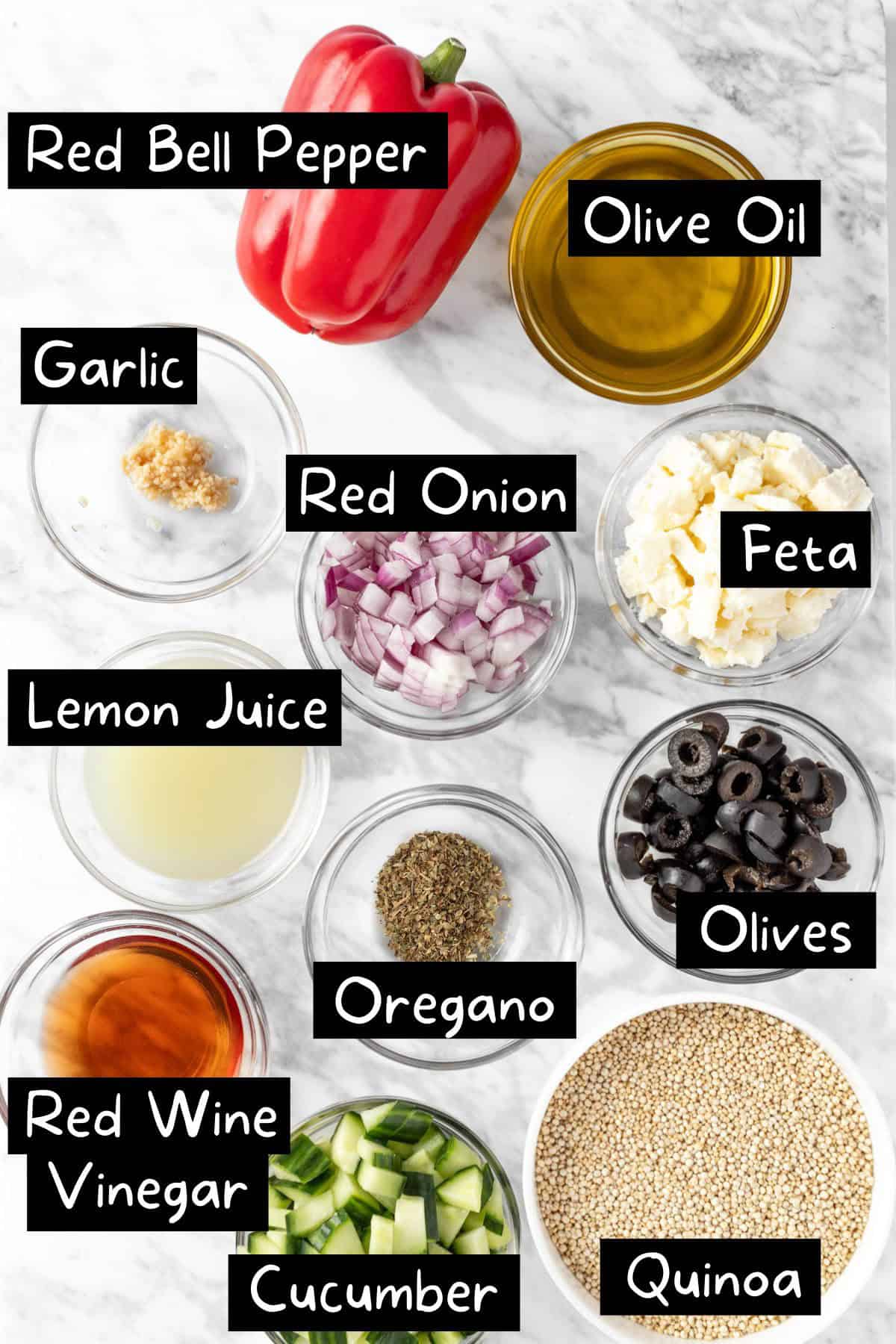 All the ingredients needed to make the Mediterranean Quinoa Salad.