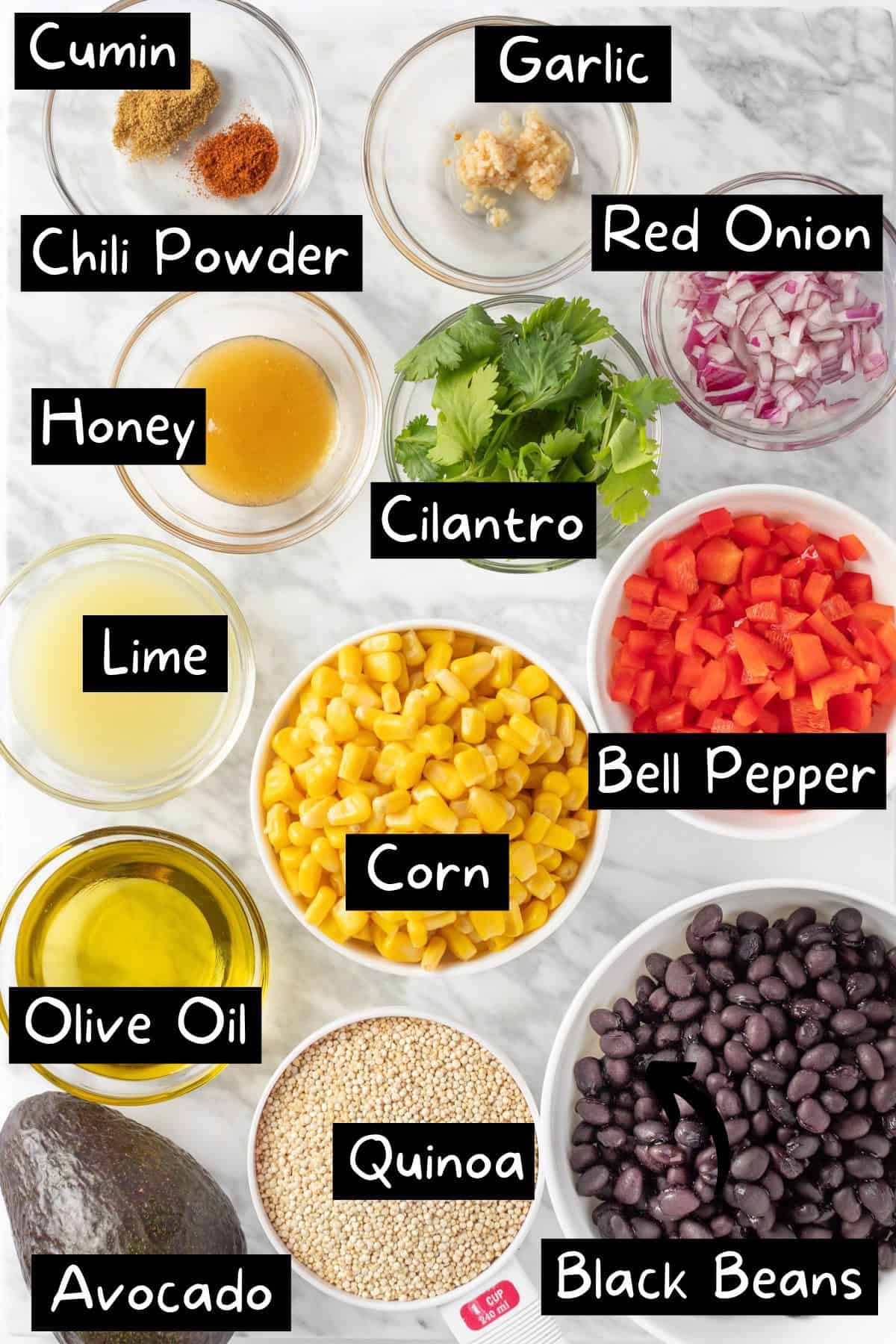 The ingredients needed to make the Southwest Quinoa Salad.