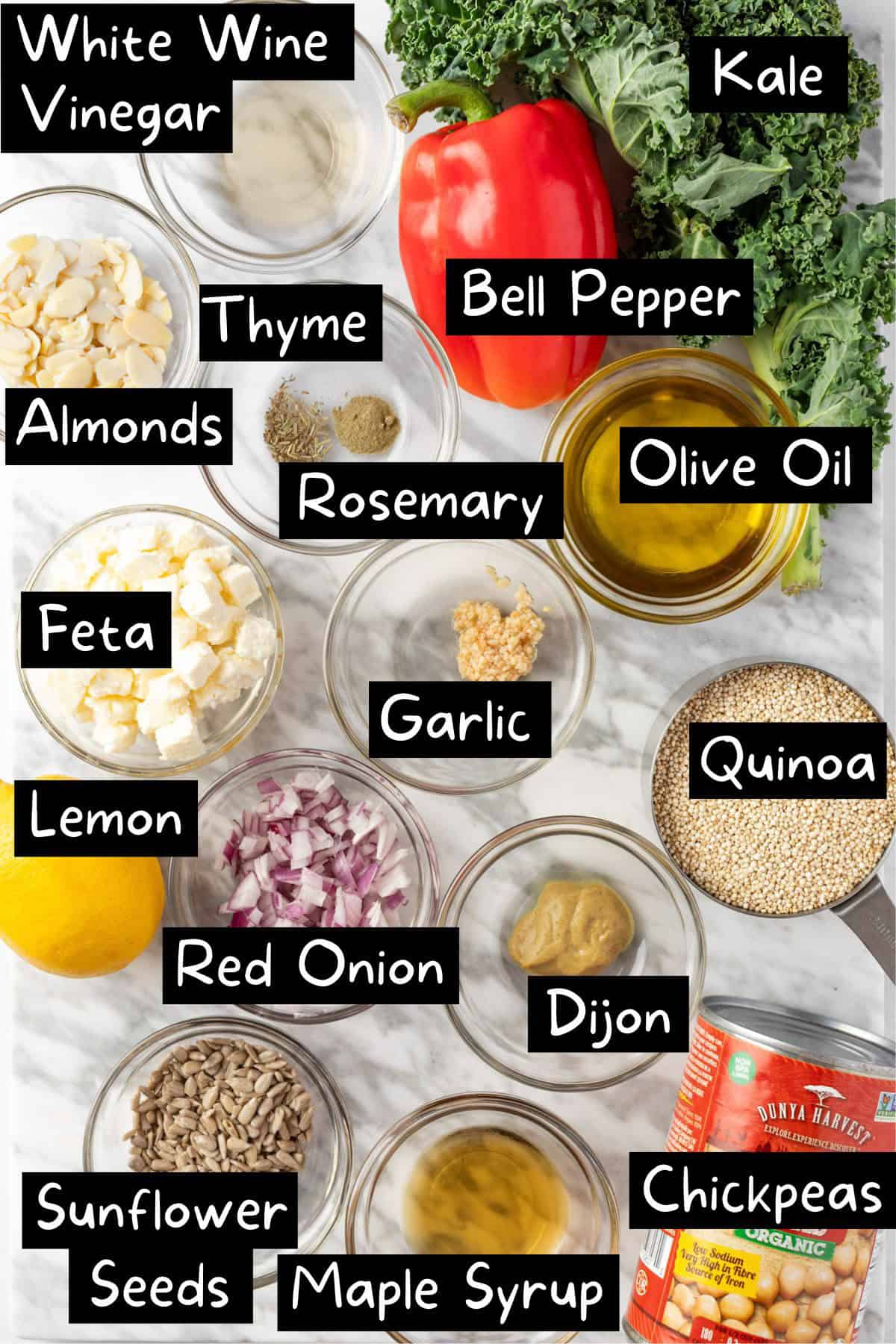 The ingredients needed to make the kale and quinoa salad.