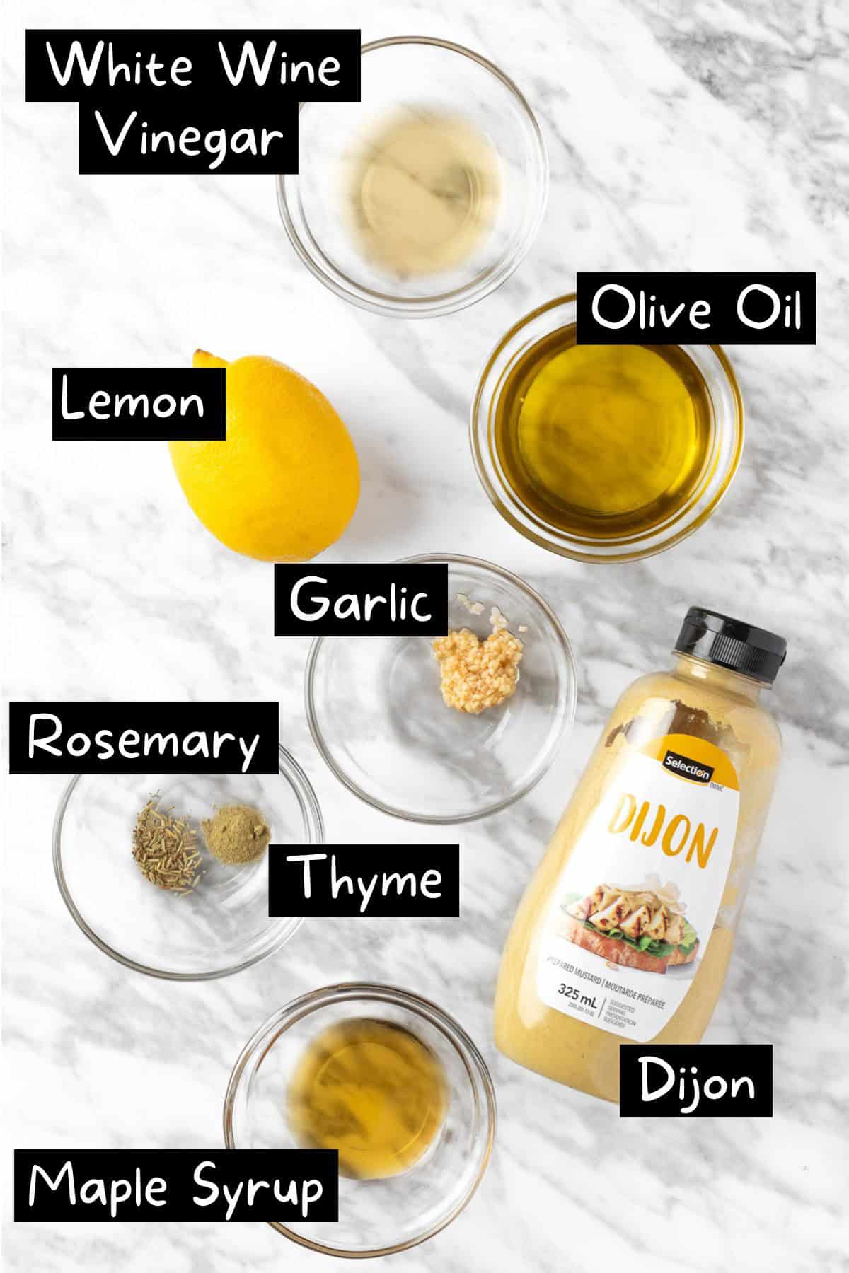 The ingredients needed to make the lemon dijon dressing.