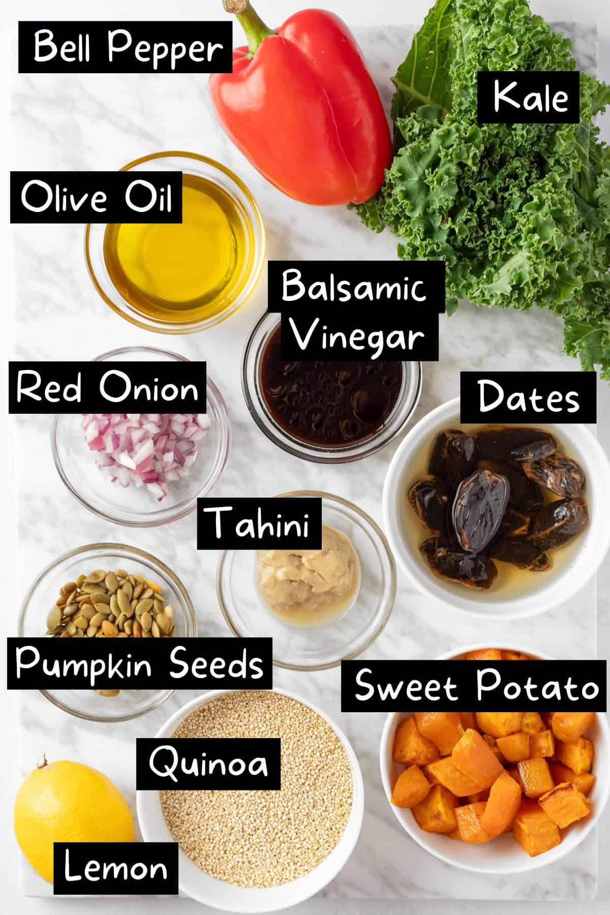 The ingredients needed to make the sweet potato quinoa salad recipe.