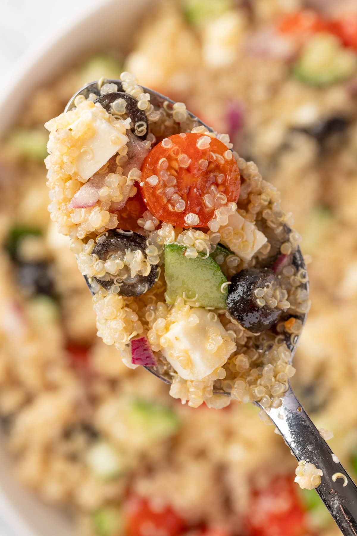 An up-close spoonful of Greek Quinoa Salad with olives, tomatoes and cucumbers.