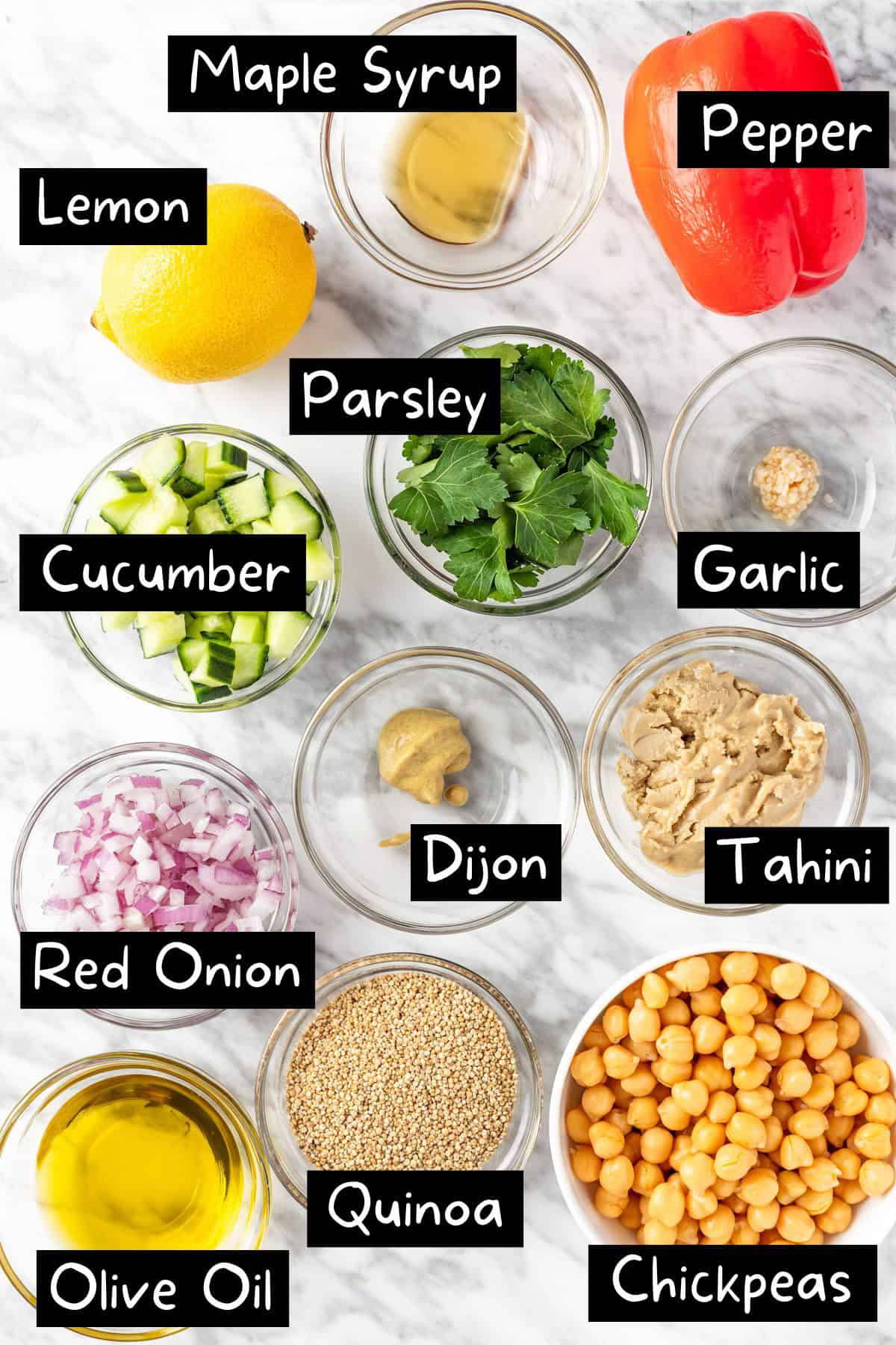 The ingredients needed to make this quinoa chickpea salad recipe.