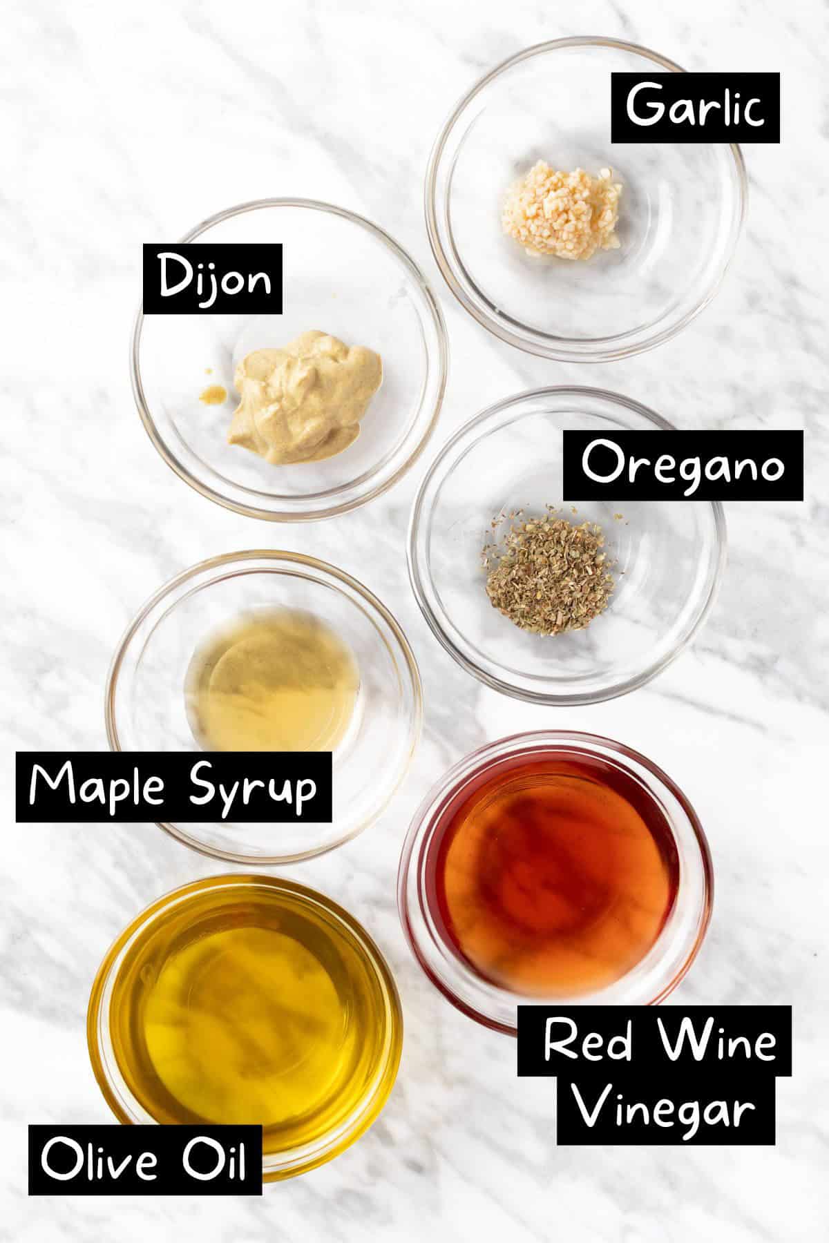 The ingredients needed to make the red wine vinaigrette.