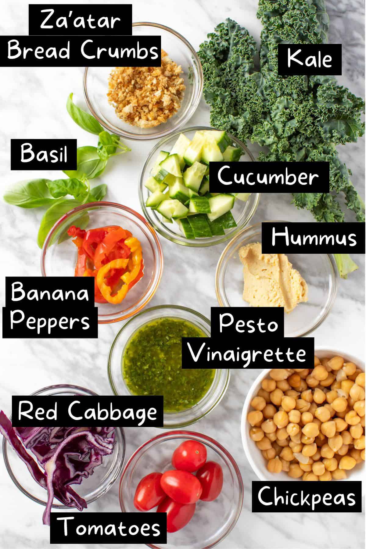 The ingredients needed to make the Hummus Crunch Salad.