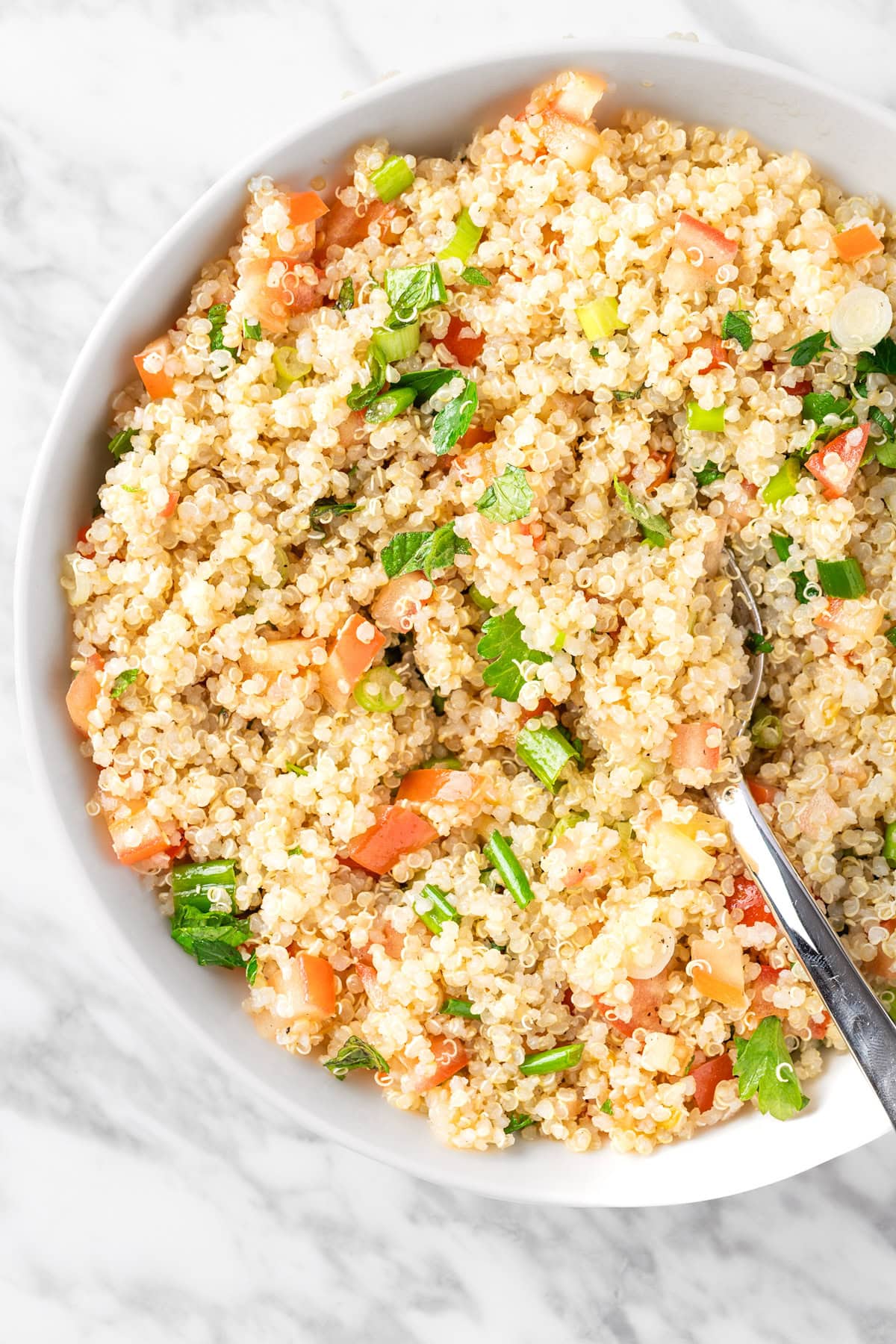 A bowl of quinoa tabbouleh salad with tomatoes, green onions, parsley and mint.