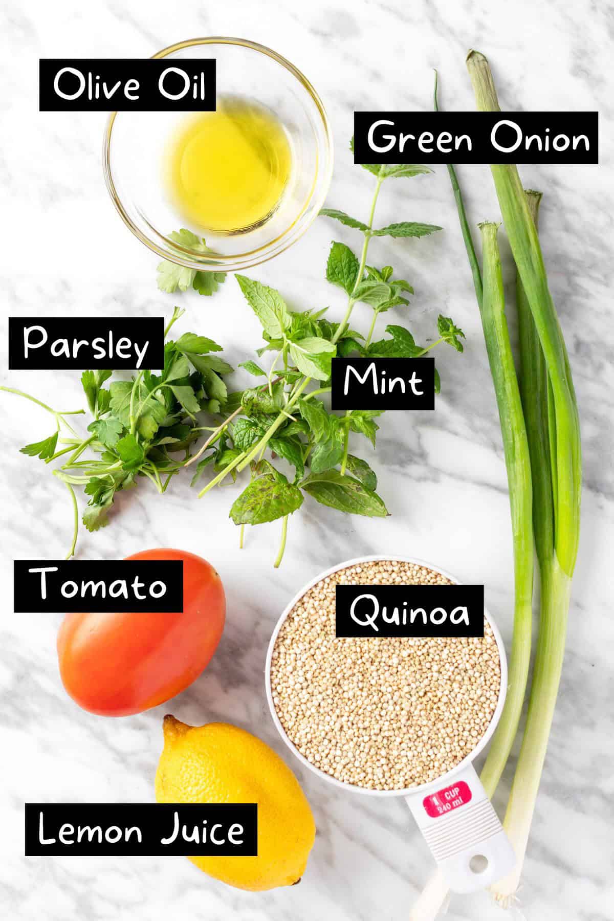 The ingredients needed to make the quinoa tabbouleh salad.