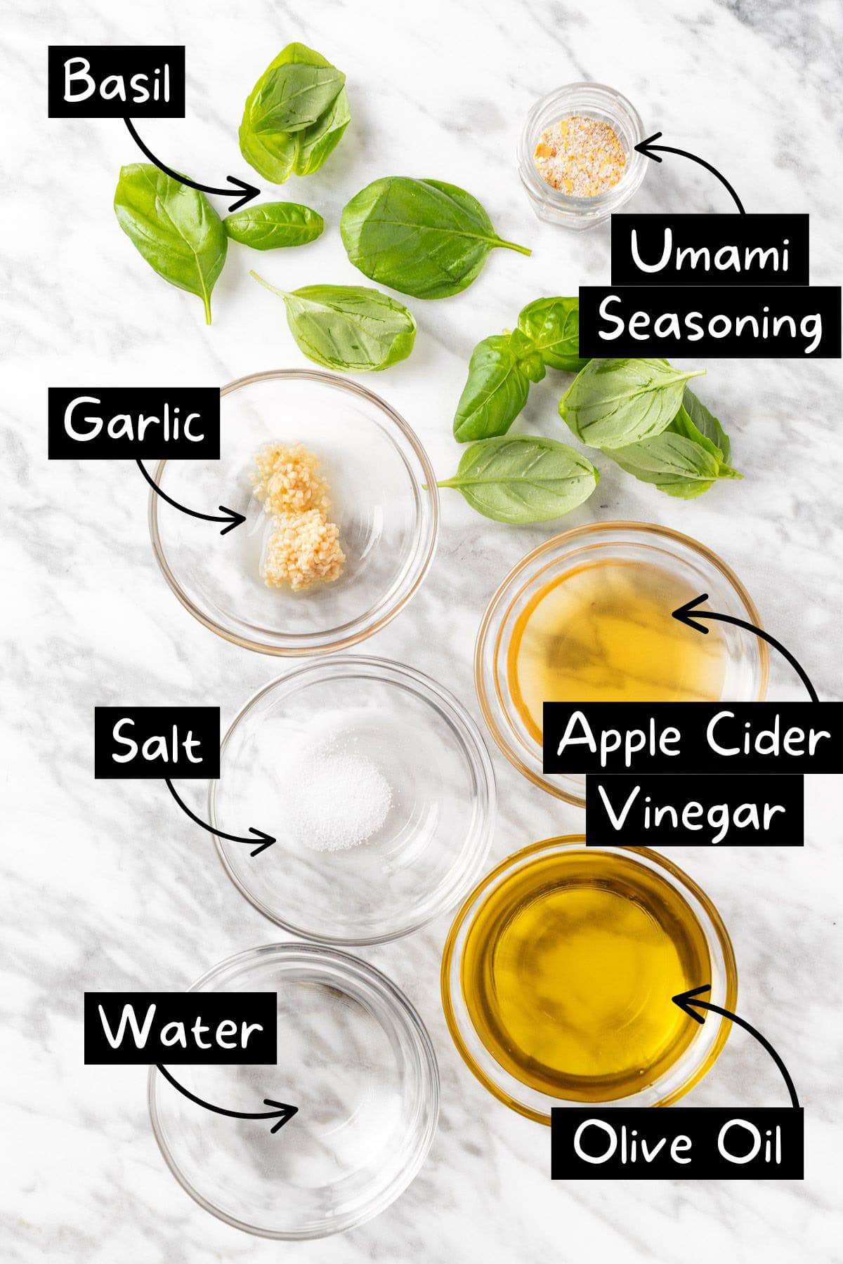 The ingredients needed to make the pesto vinaigrette.