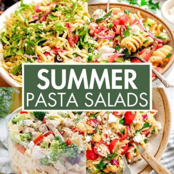 A collage of pasta salads with the text overlay: “Summer Pasta Salads”.