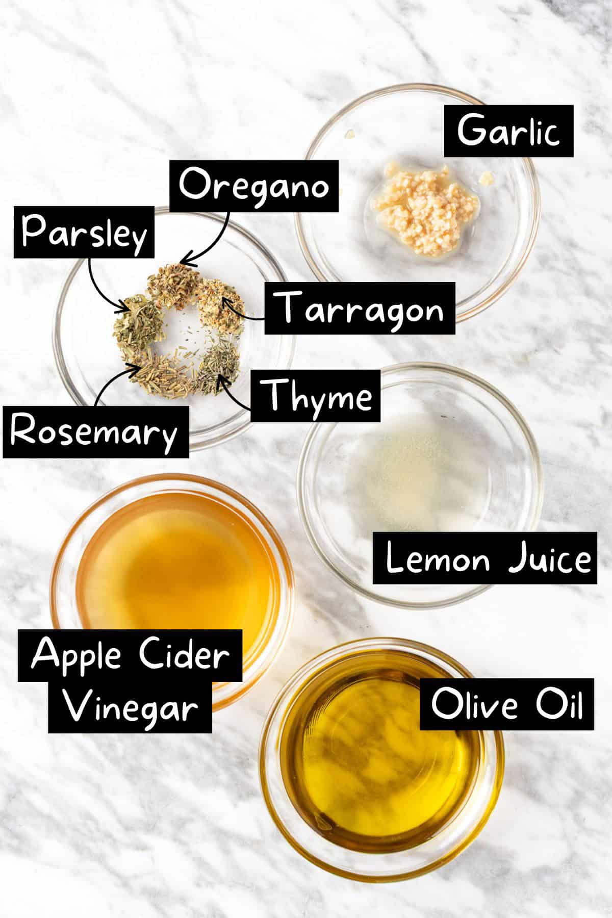 The ingredients needed to make the Panera Bread Greek Salad Dressing.