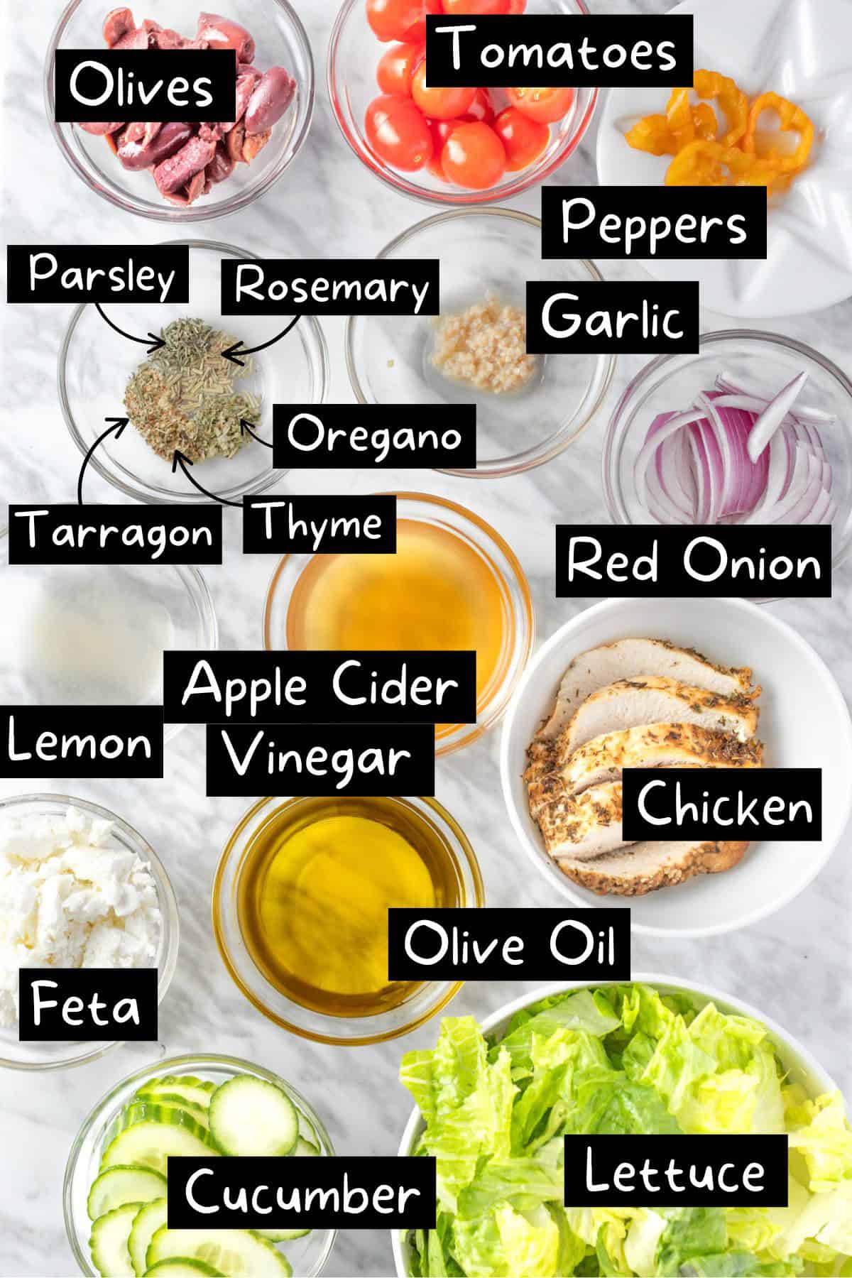 The ingredients needed to make the Panera Greek Salad.