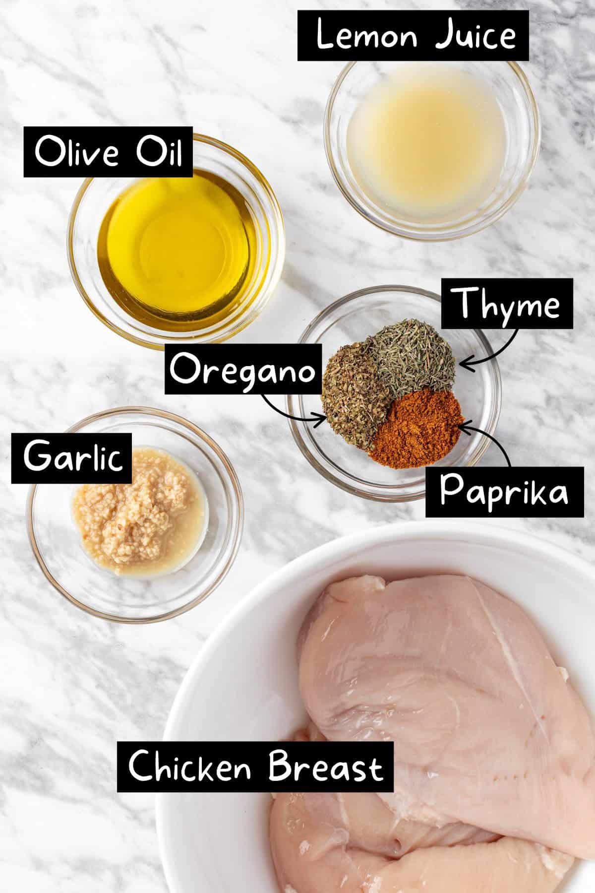 The ingredients needed to make grilled chicken for salad.