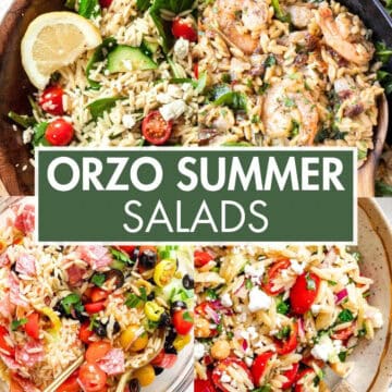 A collage of orzo pasta salads with the text overlay: “Orzo Summer Salads”.