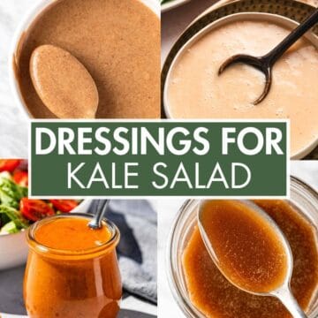A collage of salad dressings with the text overlay: “Dressings For Kale Salad”.