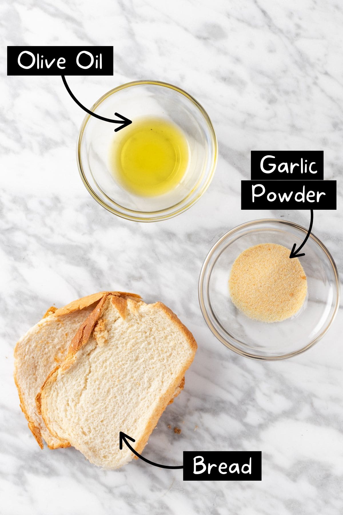 The ingredients needed to make garlic breadcrumbs.