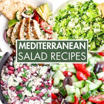 A collage of salad recipes with the text overlay: “Mediterranean Salad Recipes”.