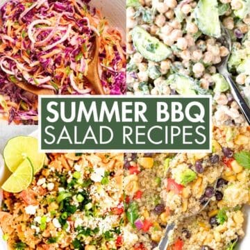 A collage of salad images with the text overlay: “Summer BBQ Salad Recipes”.